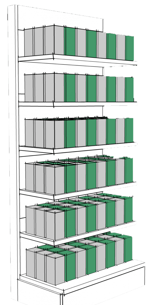 esposizione verticale dei prodotti all'interno di uno scaffale